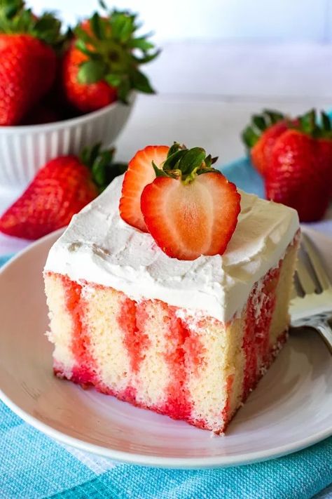 Incredibly light, moist, and bursting with flavor! This Strawberry Jello Poke Cake is always a crowd favorite…but it will be our secret that it only took about 15 minutes of work to make.      I have been enjoying this cake since I was a kid. Now I make this cake for my family, and trust me; they love it as much as I did growing up. Recently my kids tried to convince me that since there are strawberries on the cake, they should be allowed to have it for breakfast…I made them eat somethin… Strawberry Jello Poke Cake, Dunkaroo Dip, Jello Poke Cake, Poke Cake Jello, Sugar Free Jello, Sugar Free Cake, Strawberry Glaze, Crunch Cake, Poke Cake Recipes