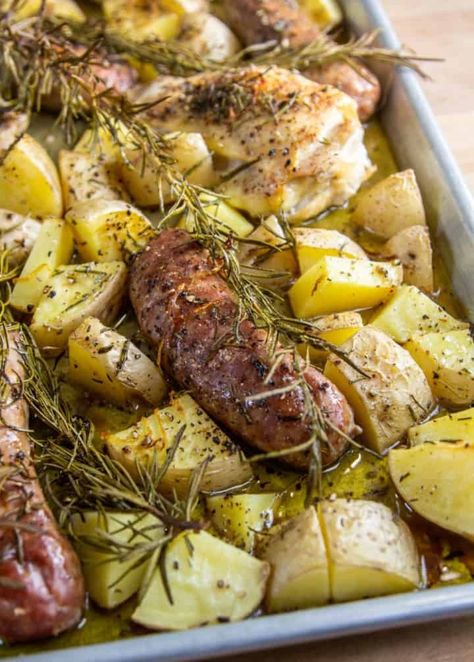 Nigella's Easy Italian Tray Bake: Oven Chicken Bake with Sausage Sausage Tray Bake, Gluten Free Sausage, Sausage And Potatoes, Chicken And Sausage, Gluten Free Italian, Tray Bake Recipes, Sausage Bake, Lemon Potatoes, Tray Bake