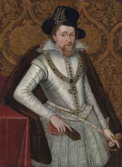 Portrait of King James I of England and VI of Scotland (1566-1625), three-quarter-length, in a white doublet with a lace collar, jewelled hose and a fur cloak, wearing the Greater George, a black hat with a jewel, holding a pair of gloves in his right hand, his left hand resting on the hilt of his sword House Of Stuart, King James I, Mary Queen Of Scots, The Royal Collection, James 1, Portrait Gallery, Lace Collar, King James, Fine Arts Posters