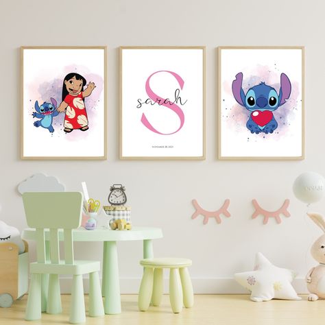 "This personalized Lilo and Stitch nursery print will be the perfect wall art for your child's bedroom 💖 This listing includes set of 3 digital prints and will be available as high resolution PDF file for printing ✨ NOTE: This is a digital made to order product. No physical product will be shipped to you ✅ You can enter the initial name you want in the personalization box  HOW IT WORKS? 🤔 In the personalization box:  Enter the child's initial and name ✅ Enter the date (optional) ✅ Enter letter Stitch Wall Decor, Lilo And Stitch Themed Bedroom, Stitch Themed Nursery, Lilo And Stitch Nursery Ideas, Stitch Nursery Ideas, Lilo And Stitch Room Ideas, Lilo And Stitch Bedroom Ideas, Stitch Themed Bedroom, Lilo And Stitch Bedroom