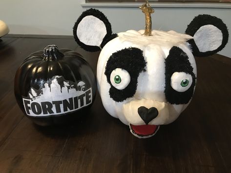 Fortnite pumpkin - made with fake pumpkins dollar store socks, white felt, paint, clay, and foam for the mouth. Panda leader. Fortnite Pumpkin Carving, Fortnite Pumpkin, Panda Pumpkin, Pumpkin Paintings, Paint Clay, Pumpkin Carving Stencils, Creative Pumpkin Decorating, Carving Stencils, Pumpkin Contest