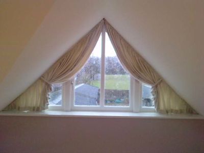 study window Triangle Windows, Triangular Windows, Curtains For Arched Windows, Triangle Window, Windows Curtains, Attic Windows, Gable Window, Shutter Designs, Shaped Windows