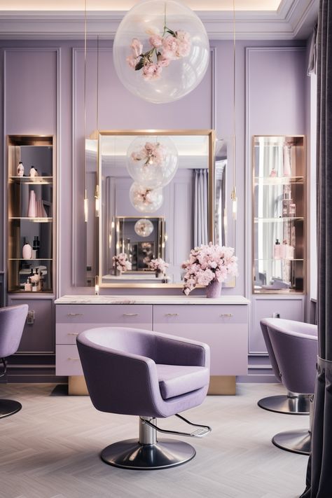 Purple Beauty Salon Decor Ideas, Lilac Beauty Salon, Purple Hair Salon Decor Ideas, Purple Salon Interior Design, Purple Beauty Salon, Purple Hair Salon, Desain Salon, Purple Salon, Bar Closet