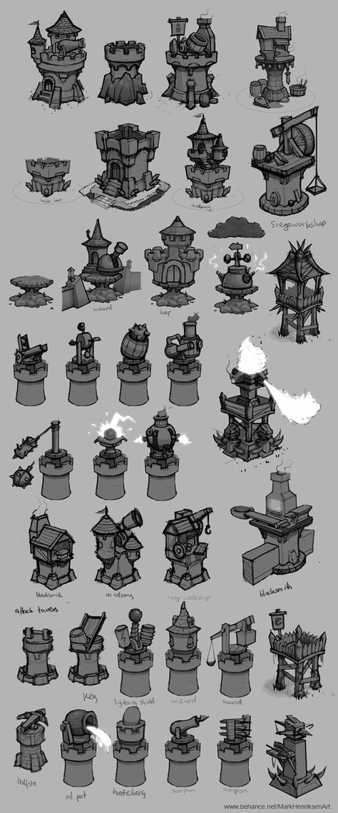 Tower designs (Concept art) on Behance Building Design Concept Art, Fantasy Tower Design, Game Design Inspiration Concept Art, Tower Defense Concept Art, Tower Defense Game, Isometric Concept Art, Concept Art Castle, Game Assets Concept Art, Concept Art Building