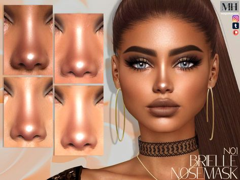 Shiny nose mask for females and males in 11 swatches - HQ Compatible. Mod Makeup, Makeup Cc, Sims Packs, Sims 4 Cc Makeup, Nose Mask, Nose Contouring, Sims Games, Sims 4 Game, Ts4 Cc