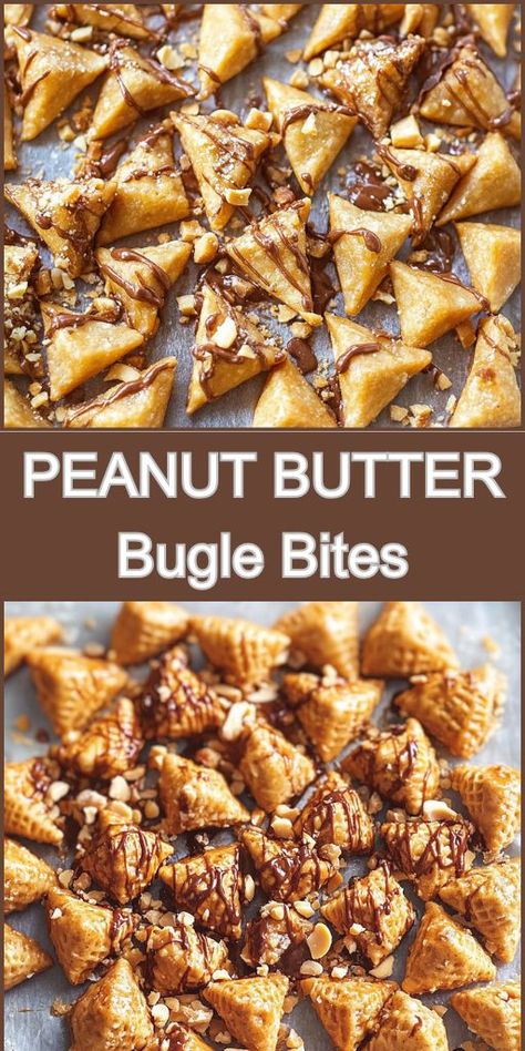 The perfect blend of sweet and salty in each bite. Ingredients: 4 cups Bugles (corn chips) 1/2 cup creamy peanut butter 1 cup semi-sweet chocolate chips 1/4 cup powdered sugar 1/4 cup sprinkles (optional) Peanut Butter Chocolate Bugles, Chocolate Dipped Peanut Butter Bugles, Sweet Bugles Snack Mix Recipes, Peanut Butter Bugles, Recipes With Bugles, Bugles Recipes, Bugle Snacks, Bugle Recipes, Bugles Snack Mix Recipes