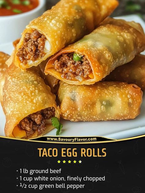 Easy and tasty recipes | Taco Egg Rolls | Facebook Appetizer Egg Rolls, Chilis Southwest Eggrolls, Egg Roll Ideas, Ground Beef Egg Rolls, Mexican Roll Ups, Mexican Egg Rolls, Easy Egg Roll Recipe, Taco Egg Rolls, Cheesecake Egg Rolls