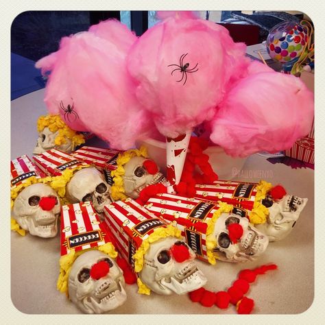 Haunted Carnival Trunk Or Treat, Scary Clown Party Ideas, Rotten Candy Halloween Booth, Rotten Candy Halloween, Rotten Candy Booth, Scary Carnival Halloween Party, Carnevil Halloween Decorations, Circus Halloween Decorations, Diy Halloween House Decorations