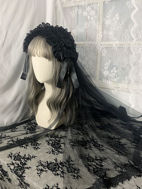 This price is for a hairband and the non detachable veil only. Black Veil Aesthetic, Goth Veil, Gothic Wedding Veil, Golden Veil, Gothic Veil, Black Hairband, Macabre Fashion, Pretty Hair Cuts, Vampire Wedding