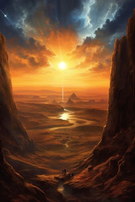 Fantasy Desert Landscape Art, Desert Tomb Fantasy Art, Fire Fantasy Landscape, Fire Landscape Fantasy Art, Fantasy Desert Marketplace, Sun City Fantasy Art, Sunrise Fantasy Art, Fantasy Oasis Art, Desert Temple Fantasy Art