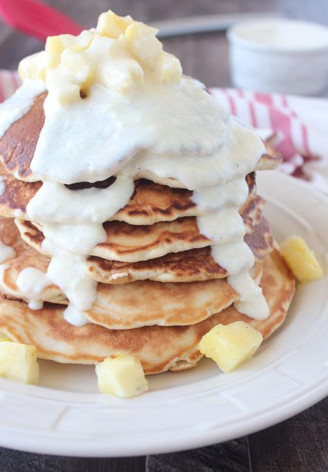 Pineapple Coconut Pancake Recipe - WhitneyBond.com Cream Cheese Syrup, Pineapple Pancakes, Plantain Pancakes, Coconut Pancakes, Oatmeal Pancakes, Pineapple Coconut, Coconut Recipes, Breakfast Brunch Recipes, Spring Recipes