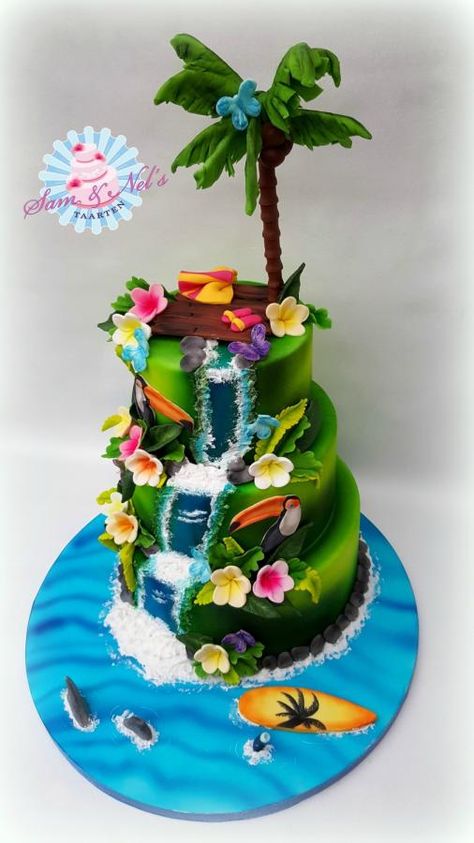 Tropical cake by Sam & Nel's Taarten Island Cake Ideas, Hawaii Birthday Cake, Hawaiian Theme Cakes, Hawaiian Birthday Cakes, Waterfall Cake, Tropical Birthday Cake, Hawaii Cake, Tropical Cake, Island Cake