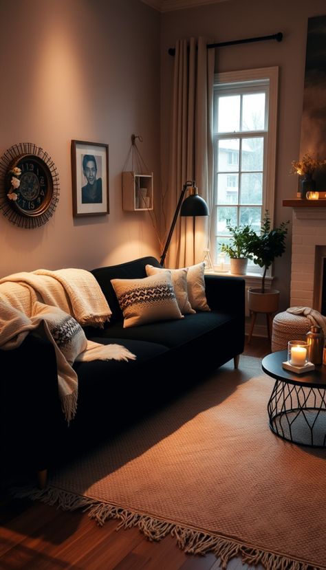 Dark Sofas Living Room Decor Cozy, Gray And Black Couch Living Room Ideas, Black Couch Cozy Living Room, Black Sofa Room Decor, How To Style Black Sofa, Black Couch Decor Color Schemes, Mid Century Modern Living Room Black Couch, How To Style A Black Couch, Living Room Black Couch Ideas