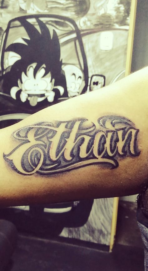 #Ethan #Tatoo #Tatuaje #nombrehijo Ethan Tattoo Names Design, Ethan Tattoo, Name In Cursive, Tattoo Lettering Design, Cursive Tattoos, Gangsta Tattoos, Hand Lettering Fonts, Name Tattoos, Name Design