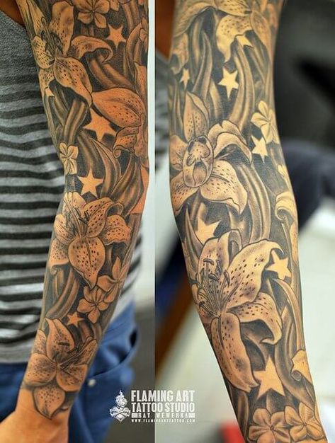 Top 100 Best Sleeve Tattoos For Men: Cool Design Ideas & inspirations | Improb Star Sleeve Tattoo, American Flag Sleeve Tattoo, Sleeve Tattoos For Men, Tattoo Shading, Tattoo Filler, Tattoo Background, Tato Lengan, Flower Sleeve, Flower Tattoo Sleeve