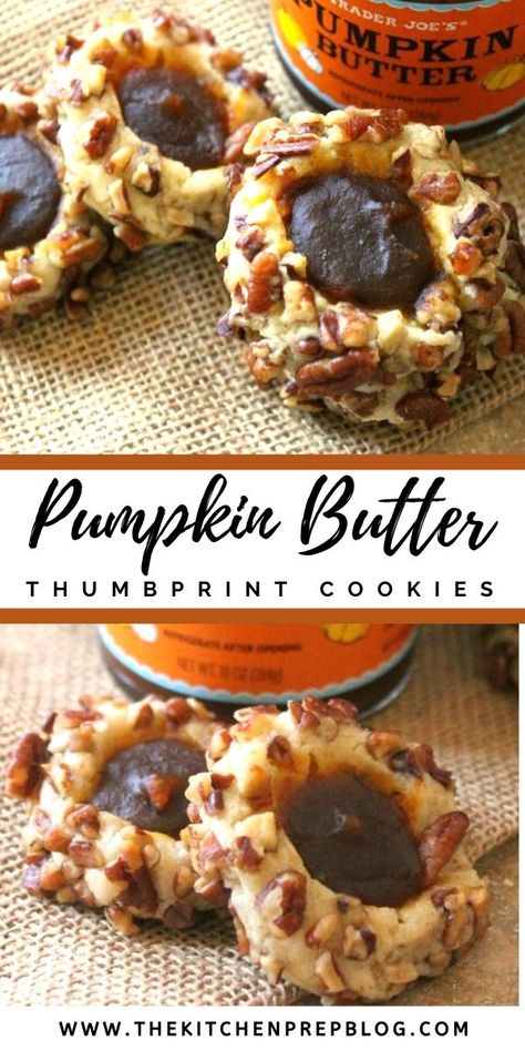 Pumpkin Butter Thumbprint Cookies! The ultimate fall cookies, these sweet treats are rolled in crunchy toasted pecans and filled with a delicious spiced store-bought pumpkin butter. A great cookie to make for fall holidays! Butter Thumbprint Cookies, Christmas Cookie Exchange Recipes, Cookie Exchange Recipes, Cheese Pumpkin, Kitchen Prep, Pumpkin Butter, Fall Cookies, Thumbprint Cookies, Toasted Pecans