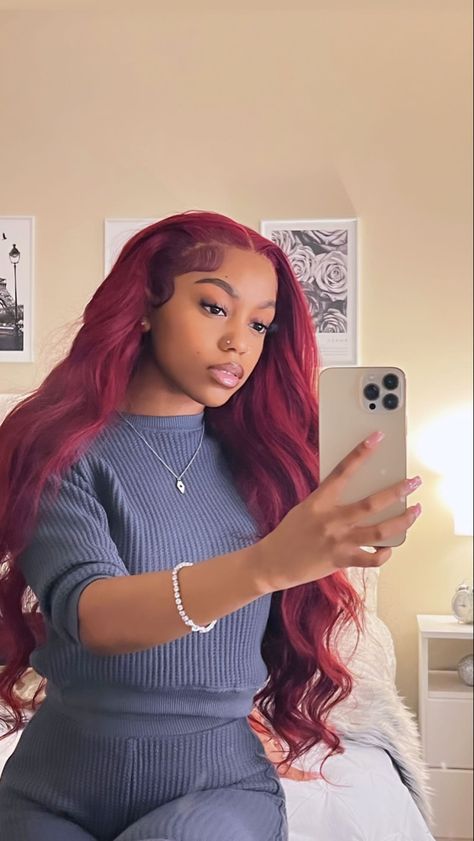 Red Frontal Wig Dark Skin, Colored Wigs On Dark Skin, Honey Red Hair, Mikaria Janae, Color Wigs, Sleek Ponytail Hairstyles, Frontal Wig Hairstyles, Lace Fronts, Frontal Hairstyles