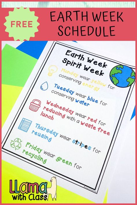 Picture of an Earth Week Spirit Week schedule with a free sticker created by Llama with Class. Earth Day Celebration In School, Earth Day Spirit Week Ideas, Earth Day Third Grade, Earth Day Spirit Week, Earth Day Activities Elementary, Take Care Of The Earth, Earth Week, Week Schedule, Block Area