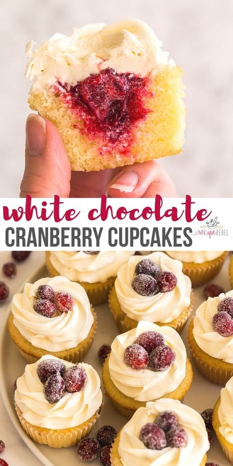 White Chocolate Cranberry Cupcakes, Cranberry Cupcakes Recipe, Winter Flavor Cupcakes, Christmas Flavor Cupcakes, Cranberry Cupcakes, Cranberries Recipes, Fluffy Vanilla Cupcakes, Cranberry Filling, Holiday Deserts