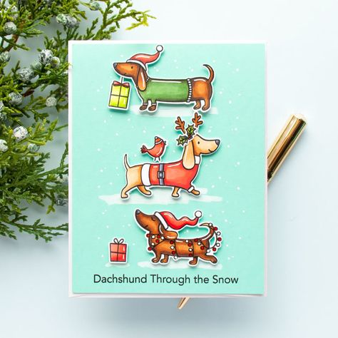 MFT Stamps | Dachshunds Christmas Cards. Video | Yana Smakula Dachshund Christmas Cards, Dachshund Through The Snow, Dog Xmas, Simple Christmas Cards, Mft Cards, Copic Sketch Markers, Dachshund Christmas, Copic Sketch, Mft Stamps