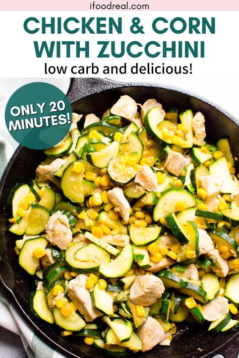 This Chicken and Corn with Zucchini recipe is quick and easy to make! In just 20 minutes you’ll have a delicious meal on the table that’s ready to be devoured. It’s low carb, healthy, full of garlic flavor, and made in one pan! It’s the perfect meal for the whole family, so try it today! Zucchini Chicken, Zucchini Recipes Healthy, Low Carb Easy, Chicken Recipes Video, Healthy Zucchini, Chicken Zucchini, Healthy Weeknight Dinners, Corn Recipe, Healthy Family Meals