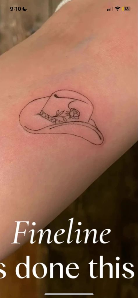 Cowboy Hat With Roses Tattoo, Stetson Cowboy Hat Tattoo, Fineline Cowboy Hat Tattoo, Cowboy Hat With Feather Tattoo, Cowgirl Tattoo Ideas, Fine Line Cowboy Hat Tattoo, Stetson Tattoo, Cowboy Hat With Flowers Tattoo, Nashville Tattoo Ideas Small