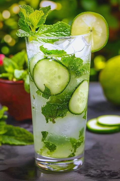 Cava Cucumber Mint Drink, Cucumber Lime Mocktail, Cucumber Mint Vodka Cocktail, Cucumber Mint Mojito, Cucumber Mojito Recipe, Cucumber Mojito, Mojito Pitcher, Green Cocktails, Vodka Water