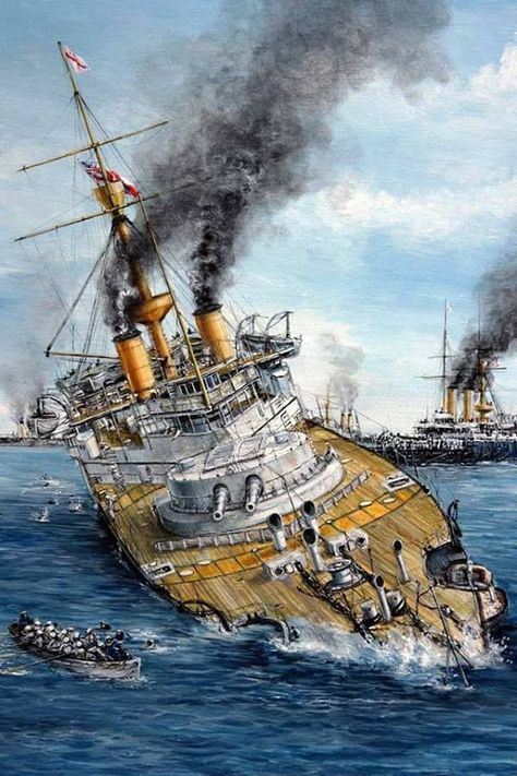 HMS Victoria sinking after collision with HMS Camperdown, 1893. Art by Lukasz Kasperczyk. Warship Battle, World Of Warships Wallpaper, Royal Navy Ships, Navy Art, Old Sailing Ships, Imperial Japanese Navy, Abandoned Ships, Military Artwork, Naval History