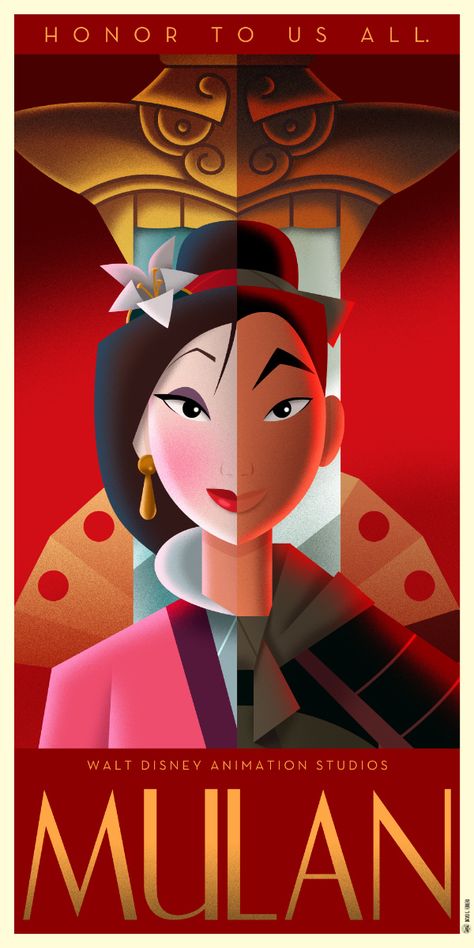 Mulan+Art+Deco+Poster+by+Chernin.deviantart.com+on+@DeviantArt Disney Poster, Deco Disney, Disney Movie Posters, Princesses Disney, Animation Disney, Mulan Disney, Disney Posters, Art Deco Poster, The Seven Dwarfs