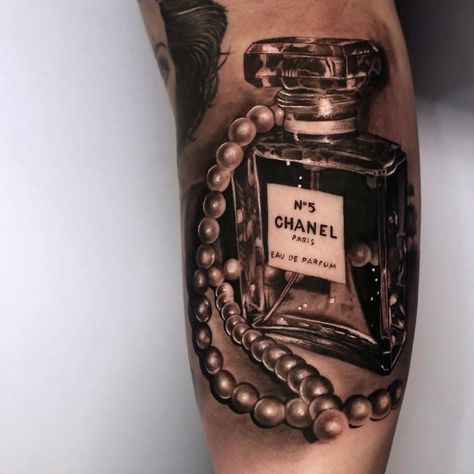 Perfume Bottle Tattoo, Chanel Tattoo, Hollywood Tattoo, Pearl Tattoo, Dibujos Tattoo, Bottle Tattoo, Chanel Art, Forearm Tattoo Design, Tattoo Signs