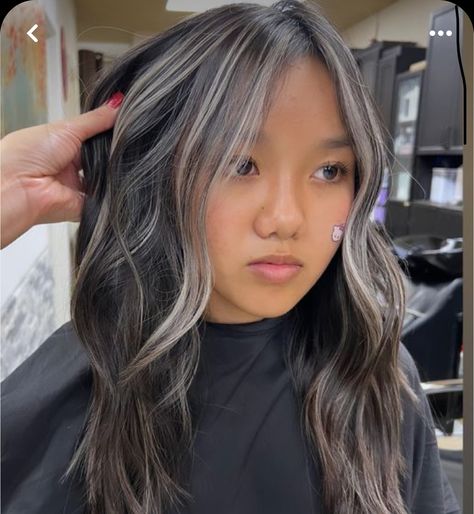 Fun Hair 2023, Gray Hair Balayage Brunettes, Partial Grey Highlights, Silver Ash Balayage On Dark Hair, Low Lights Grey Blending, Salt And Pepper Balayage, Asian Gray Hair, Grey Balayage Brunettes, Grey Blending Highlights Going Gray