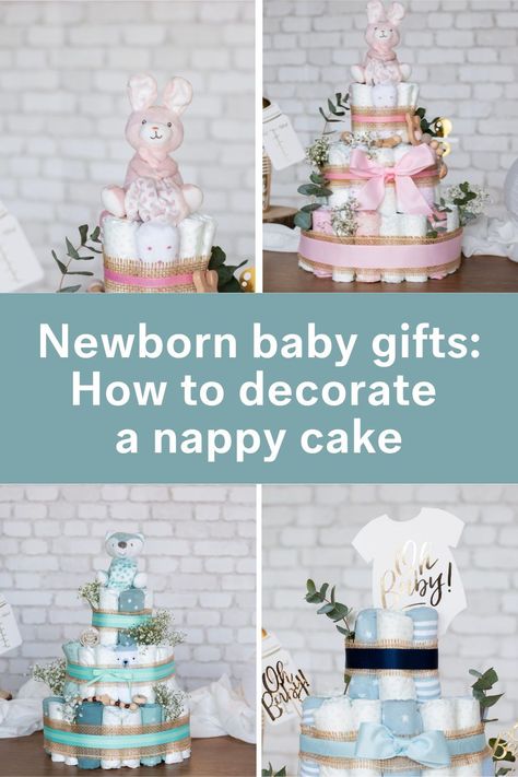 Baby Shower Nappy Cake, Baby Nappy Cakes, Gifts For Newborn, Diaper Cake Instructions, Diy Diaper Cake, Diaper Cake Centerpieces, Diaper Gifts, Nappy Cake