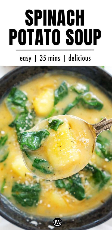 This spinach potato soup uses minimal ingredients, but the flavor and texture are incredible, creamy without weighing you down, and absolutely delicious. #souprecipes #potatorecipes #spinachrecipes #cheapmeals #cheapdinnersforafamily Spinach Potato Soup, Potato Spinach Soup, Spinach And Potato Recipes, Spinach Potato, Spinach Soup Recipe, Potato Spinach, Potato Soup Easy, Soup Easy, Spinach Soup