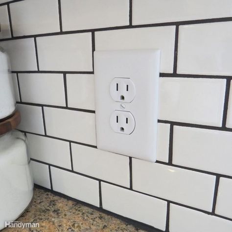 Do: Replace Outlet Covers Diy Subway Tile, Backsplash Installation, How To Tile, Subway Tile Backsplash Kitchen, Kitchen Shelf Decor, White Subway Tile Backsplash, Industrial Style Kitchen, Subway Tile Kitchen, Tile Kitchen