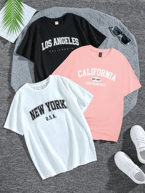 Multicolor Casual Collar   Colorblock,Letter  Embellished Slight Stretch  Women Clothing Simple T Shirt Design, New York Clothes, California T Shirt, White Tracksuit, Los Angeles Shirt, Silk T Shirt, Casual Preppy Outfits, Shirt Refashion, Women's Button Down Shirt