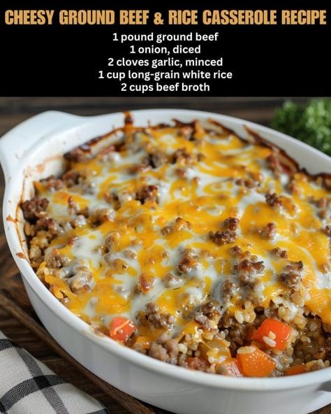 Cheesy Ground Beef & Rice Casserole Recipe Hamburger Rice Cheese Recipes, Cheesy Ranch Ground Beef And Rice Casserole, Hamburger And Rice Recipes, Hamburger Meat Dishes, Ground Beef Rice, Leftover Beef, Rice Casserole Recipes, Rice Recipes For Dinner, Cheesy Casserole