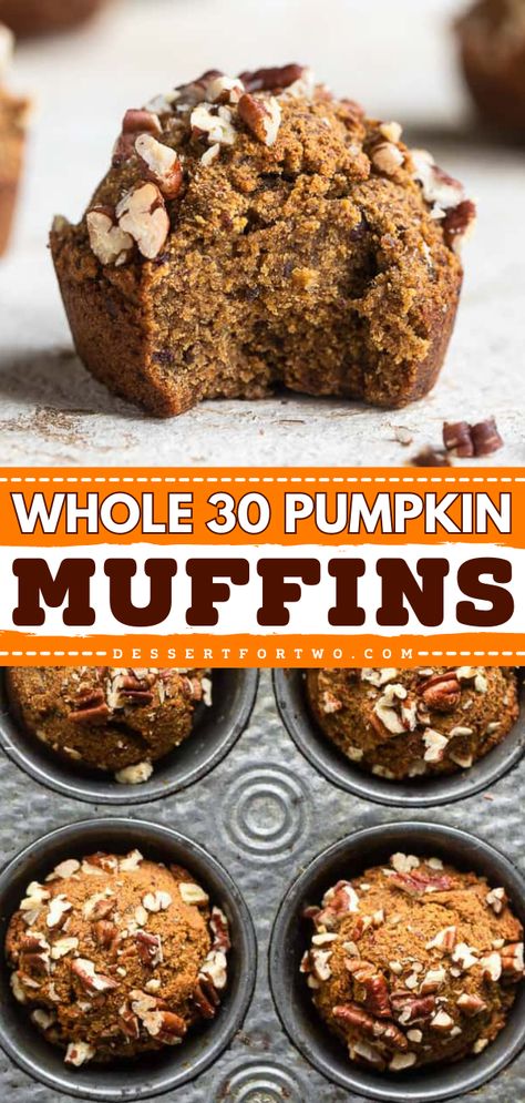 A must-try pumpkin recipe for breakfast! While these gluten-free and Whole30 pumpkin muffins are healthy, they are still tender, moist, and delicious. Bake up a batch of this simple fall recipe! Whole 30 Muffins, Muffins For Two, Simple Fall Recipe, Pumpkin Breakfast Muffins, Muffins Small Batch, Whole 30 Approved Foods, Keto Pumpkin Muffins, Easy Pumpkin Muffins, Paleo Pumpkin Muffins