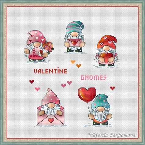 Romantic Gnome Cross Stitch Pattern Pdf Valentines Day Nordic - Etsy Beginner Needlepoint, Valentines Gnomes, Embroidery Decor, Diy Tapestry, Gnome Cross Stitch, Small Tapestry, Nordic Gnomes, Diy Embroidery Designs, Embroidery Diy