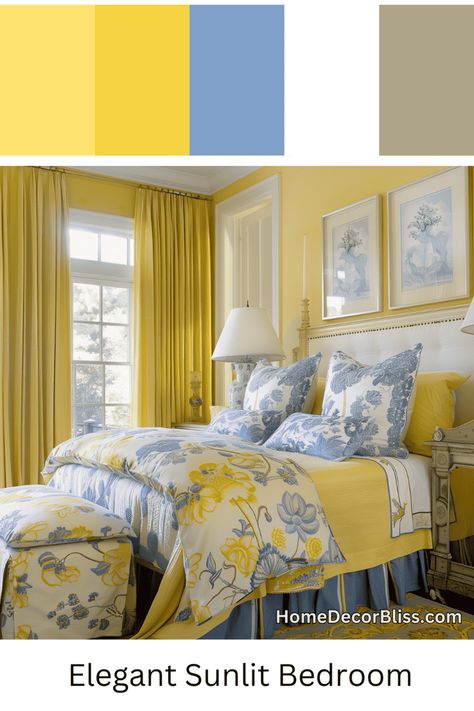 Traditional Bedroom: Sunlit Elegance with Floral Accents Blue White Yellow Bedroom, Pale Yellow Bedroom Decor, Pale Blue And Yellow Bedroom, Blue And Yellow Bedroom Ideas, Pale Yellow Bedrooms, Bee Room Decor, Lighting Bedroom Ideas, Blue And Yellow Bedroom, Blue Yellow Bedrooms