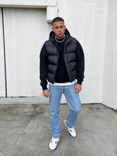 Black Hoodie Outfit, Blue Jeans Outfit Men, Winter Outfits Men Streetwear, Vest Outfits Men, Guys Fashion Casual, Hoodie Outfit Men, Outfits Men Streetwear, Jeans Outfit Men, Streetwear Winter