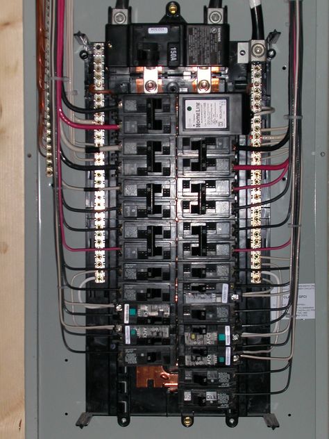 Siemens 30/40 150A Main Breaker panel. All breakers are Siemens/ITE, except for the surge protector (Square D) and the GFCI and AFCI breakers (GE). Electrical Panel Wiring, Residential Electrical, Home Electrical Wiring, Breaker Panel, Breaker Box, House Wiring, Electrical Panel, Electrical Projects, Diy Electrical