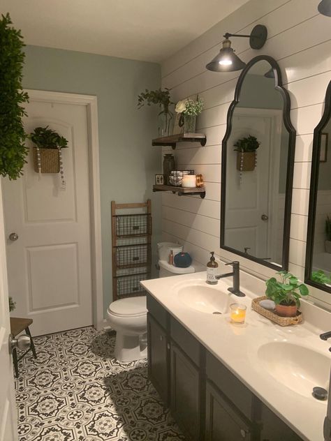 Farmhouse Bathroom With Shiplap, Small Farmhouse Bathroom Medicine Cabinet, Wallpaper And Shiplap, Bathroom Gray Vanity, Small Farmhouse Bathroom Lowe's, Old Tile Floor, Bathroom With Shiplap, Lowes Farmhouse Bathroome, Stenciled Tile