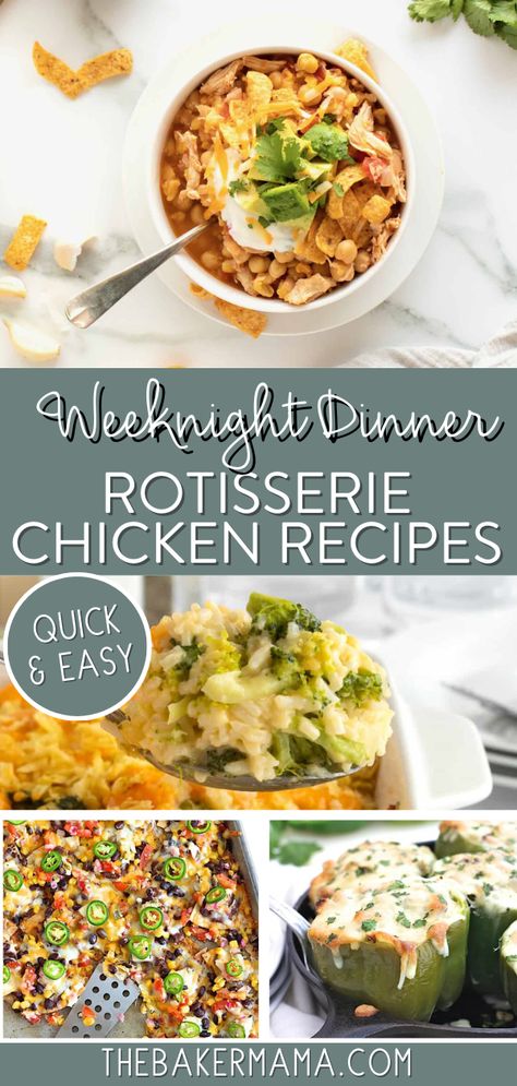 These Weeknight Dinner Rotisserie Chicken Recipes are quick & easy to prepare. Grab a rotisserie chicken and one of these recipes for a delicious meal your family will love. My Easy Recipes for a Rotisserie Chicken make quick work of weekday dinners. For example, everyone loves these Easy Cheesy White Chicken Chili Stuffed Peppers. Green peppers stuffed with chicken, white beans, brown rice, quinoa, green enchilada sauce and cheese. A filling and flavorful meal-in-one! Dinner Rotisserie Chicken Meal Ideas, Chicken Enchiladas Rotisserie, Rotisserie Chicken Healthy Lunch, Dinner Using Rotisserie Chicken Casserole Recipes, Clean Eating Rotisserie Chicken Recipes, Dinner Rotisserie Chicken, Peppers Stuffed With Chicken, Chili Stuffed Peppers, Healthy Rotisserie Chicken Recipes