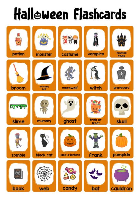 Esl Halloween Activities, Halloween Pdf Free, Halloween Flashcards Free Printable, Halloween Esl Activities, Halloween English Worksheets, Halloween For Kids Activities, Halloween Teaching Ideas, Halloween Charades For Kids, Halloween For School