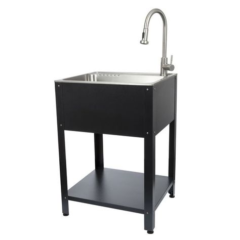 PRESENZA Freestanding 24-in Utility Sink with Faucet in Matte BlackIncludes: Farmhouse style sink stand, utility sink with 3.5-in strainer and pull-down faucet with garden hose adapterStainless steel sink: large bowl 16.25 in. x 22.4 in. x 9.75 in. deep with 10.6-gallon water capacity perfect for washing large itemsSink Stand: Easy to assemble, 24.1 in. x 21.3 in. x 33.8 in., powder-coated steel construction for a durable, easy-to-clean finishConvenient, open-concept shelf design for quick and u Sink Station, Stainless Steel Utility Sink, Wash Station, Domestic Cleaning, Utility Cabinets, Laundry Room Sink, Black Sink, Cleaning Tasks, Utility Sink