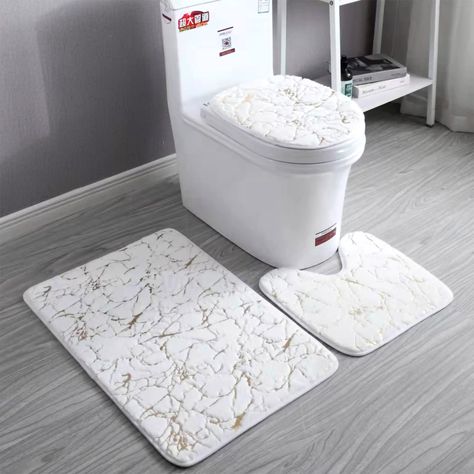 PRICES MAY VARY. Material:Soft polyester Imitation rabbit fur material,super soft and cozy, skin-friendly,durable and strong water absorption. Available sizes & color: Toilet lid cover: 15.3"W x 17.7"L; U shape rug: 15.8"W x 17.7" L; Bath Mat: 19.7"W x 31.5"L(Black, Pink,White). Nonslip:Thousands of anti-skid points on the back of the carpet keeps the bath mat in place even when wet. The durable non slip backing will not fade and will keep your bath mat in place for long time. This nice looking White Gold Bathroom, Color Toilet, Bathroom Floor Mats, Luxury Bath Rugs, Toilet Lid Cover, Bathroom Floor Mat, Bathroom Rugs And Mats, Bathroom Carpet, Gold Bathroom