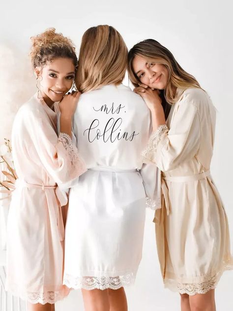 Personalized white satin Mrs bridal robe Bridal Shower Gift Wrapping Ideas, Personalized Bride Robe, Bride Gift Ideas, Gold Bridal Party, Wedding Robes Bridesmaids, Bridesmaid Robe Personalized, Flower Girl Robes, Bridal Shower Gifts For Bride, Bride Hanger