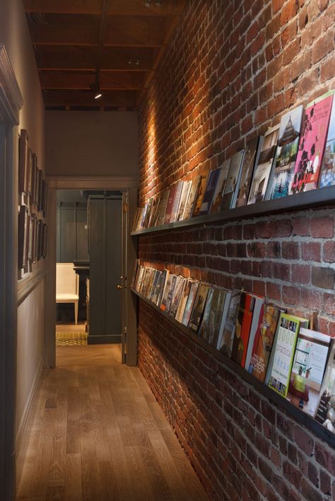 Picture Shelves, Hallway Design, Narrow Hallway, Book Storage, Dream Apartment, Home Library, Exposed Brick, Brick Wall, Provence