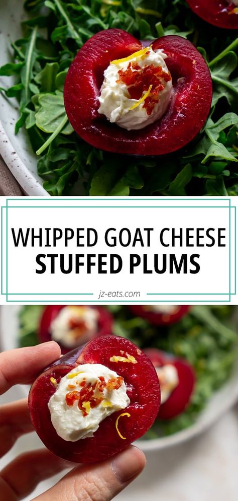 It is your time to shine! You are going to be the talk of the town with this incredible Whipped Goad Cheese Stuffed Plum recipe bound to leave a lasting impression on your dinner guests. #whippedgoatcheese #stuffedplums #plumrecipes #appetizerrecipes Plum Recipe, Small Bites Appetizers, Best Appetizer, Clue Party, Whipped Goat Cheese, Plum Recipes, Sides Recipes, Drink Inspiration, Vegan Bacon