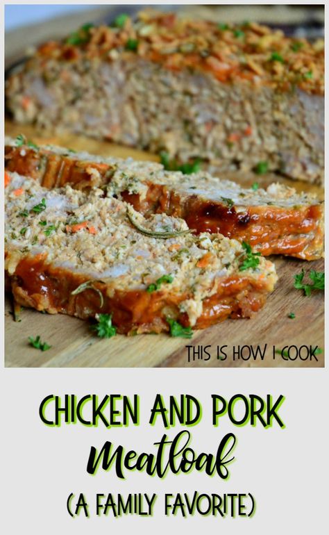 Chicken and Pork Meatloaf  is savory and delicious. It's a family favorite! #meatloaf #chicken #pork #maincourse #comfortfood Ground Chicken Meatloaf, Pork Meatloaf, Chicken Meatloaf, Hearty Comfort Food, Best Meatloaf, Turkey Meatloaf, Recipe Cover, Ritz Crackers, Meatloaf Recipes